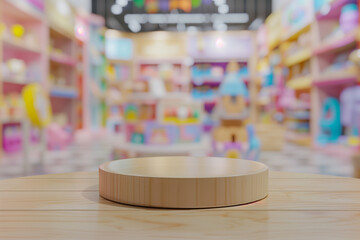 Wall Mural - Empty round wooden podium on a wood table with a blurred toy store interior background for product presentation