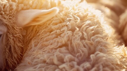 Wall Mural - Sheep's wool, close up, soft texture visible, warm afternoon sunlight, peaceful setting 