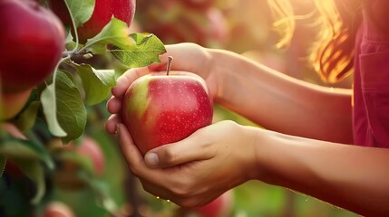 Poster - Woman harvesting apples, close up on hands and fruit, vibrant red against green, soft background 