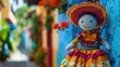 A Mexican rag doll dressed in a traditional outfit is displayed in a charming village in Mexico