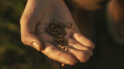 Canvas Print - Farmer's hand holding organic seeds, close up, natural lighting, focus on texture and details 