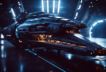 'black spaceship engine fiction blue science glow illustration spacecraft fantasy future futuristic'