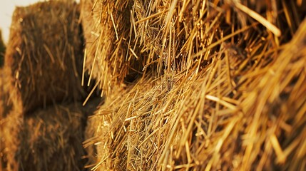 Wall Mural - Stack of hay bales, close up, detailed straw texture, warm evening sun, farm background 