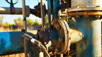 Wall Mural - Water pump station for irrigation, close up, focus on machinery and pipes, bright daylight 