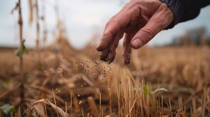 Sticker - Cover crops being sown in fall, close up, hand scattering seeds, overcast day, preparing for winter 