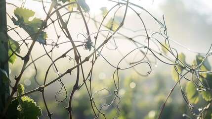 Poster - Close up of grapevine tendrils clinging to trellis, delicate focus, soft morning mist 