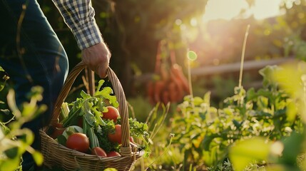 Poster - Close up of farmer harvesting organic vegetables, fresh produce in basket, sunlit garden, farm-to-table concept 