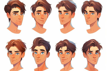 Wall Mural - Young man face avatar construction kit with different haircuts and eyes, brows and noses, lips smile. Cartoon vector illustration set of creation generator caucasian male character head elements vecto