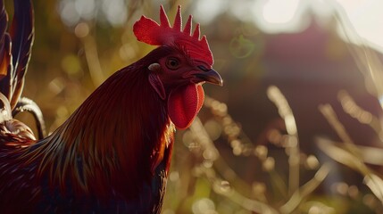 Poster - Rooster crowing at dawn, close up, vibrant plumage, crisp morning light, farm soundscape