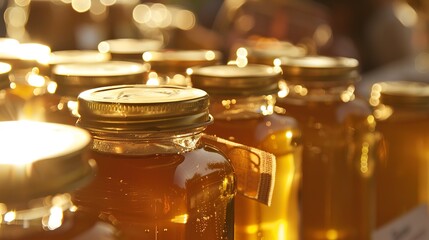 Wall Mural - Local honey jars in sunlight, close up, golden liquid shimmering, artisanal product display