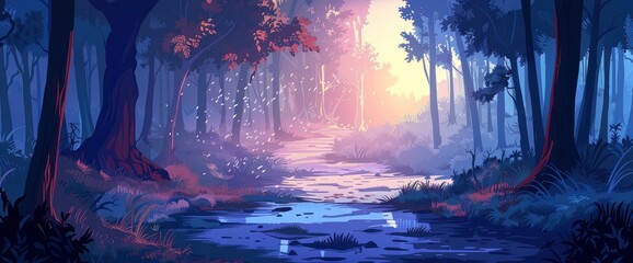 Wall Mural - A serene forest glen at twilight, dappled sunlight, tranquil ambiance, DSLR camera with a standard lens, twilight hues, peaceful landscape., cartoon style, background,comic panel background