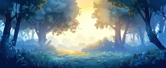 Wall Mural - A tranquil forest glade at dawn, mist rising from trees, tranquil ambiance, DSLR camera with a prime lens, morning light, peaceful scene., cartoon style, background,comic panel background 