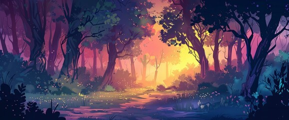 Wall Mural - A tranquil forest glade at dusk, dappled sunlight, serene ambiance, DSLR camera with a wide-angle lens, twilight hues, peaceful landscape., cartoon style, background,comic panel background 