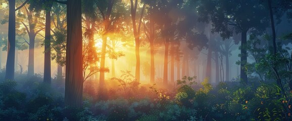 Wall Mural - A tranquil forest glen at sunrise, mist rising from trees, ethereal atmosphere, DSLR camera with a standard lens, soft morning light, peaceful landscape., cartoon style, background
