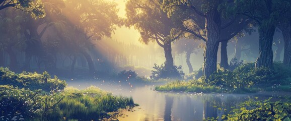 Wall Mural - A tranquil forest glen at sunrise, mist rising from trees, ethereal atmosphere, DSLR camera with a standard lens, soft morning light, peaceful landscape., cartoon style, background