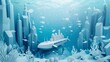 A deepsea submarine voyage discovering a lost paper city on the ocean floor, surrounded by paper coral and fish, paper art style concept