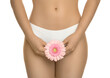 © New Africa - Gynecology. Woman in underwear with gerbera flower on white background, closeup