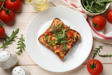 Poster - Tasty pizza toasts and ingredients on light wooden table, flat lay
