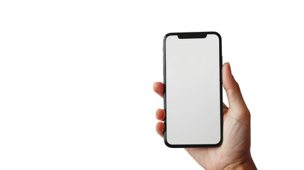 Hand holding Smartphone as png photo and isolated on white background for your mobile phone app or web site design, logo Global Business technology