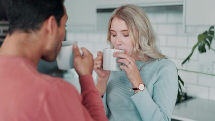 Poster - Happy couple, talking and drinking coffee in home kitchen for morning breakfast, cheers or interracial people laughing together. Man, woman and toast with tea for celebration or funny conversation