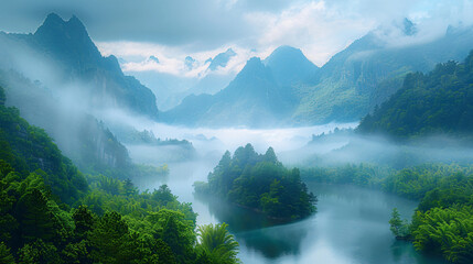 Wall Mural - The sky is a deep blue, and clouds are hanging above the mountains.