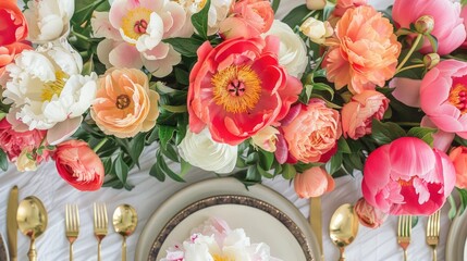 Sticker - Celebrate Mother s Day with a stunning table arrangement featuring gleaming golden cutlery and vibrant peony blooms captured in a gorgeous flat lay presentation