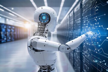 Poster - humanoid robot in white and blue color scheme, with intricate head structure, actively engages with 