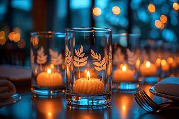 Elegant table setting with glasses featuring white leaf patterns, surrounded by candlelight and a warm ambiance.