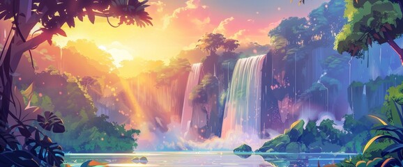 Wall Mural - A dramatic waterfall in the rainforest at sunset, cascading water, vibrant colors, DSLR camera with a telephoto lens, golden hour lighting, awe-inspiring scene., cartoon style, comic panel background