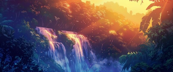 Wall Mural - A dramatic waterfall in the rainforest at sunset, cascading water, vibrant colors, DSLR camera with a telephoto lens, golden hour lighting, awe-inspiring scene., cartoon style, comic panel background