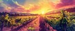 A picturesque vineyard at sunset, rows of grapevines, colorful sky, Background Banner HD