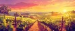 A picturesque vineyard at sunset, rows of grapevines, warm colors, Background Banner HD