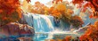 A picturesque waterfall in autumn, vibrant foliage, cascading waters, Background Banner HD