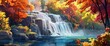 A picturesque waterfall in autumn, vibrant foliage, cascading waters, Background Banner HD