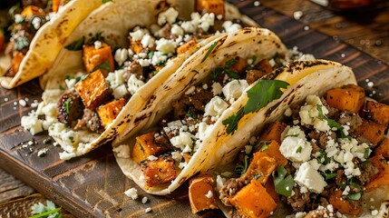 Wall Mural - Indulge in Mexican style tacos filled with savory meat sweet potatoes and crumbly cotija cheese