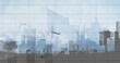 Image of statistics and data processing over airplane taking off and cityscape