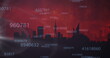 Image of numbers processing over airplane taking off and cityscape on red background