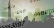 Image of numbers processing over airplane taking off and cityscape on green background