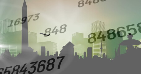 Poster - Image of numbers processing over airplane taking off and cityscape on green background