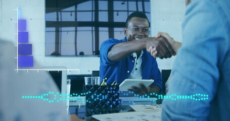 Poster - Digital composite image of statistical data processing against businesspeople shaking hands
