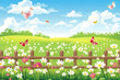 A beautiful cartoon meadow with white flowers, butterflies flying in the sky and wooden fence, summer background, illustration