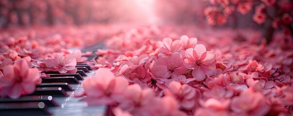 The image is a beautiful landscape with a piano covered in pink flowers