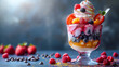 A glass bowl of vanilla yogurt with layers of blueberries, raspberries and strawberries