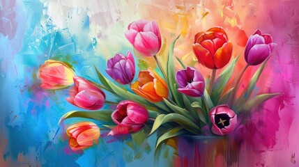 Canvas Print - Gorgeous vibrant tulips elegantly displayed in a gift box against a colorful backdrop