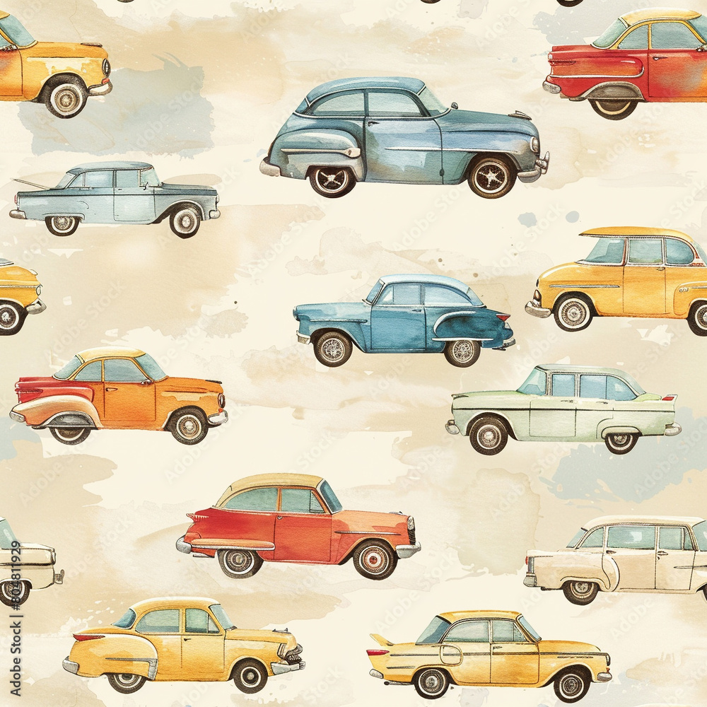 Watercolor painting of a colorful car pattern with a vintage feel. The ...