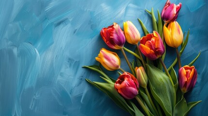 Sticker - A vibrant arrangement of tulips set against a striking blue backdrop captured from above