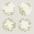 Four round compositions with birds and flowering branches of spring trees. Set of circular floral cards. Green and gold