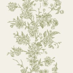 Poster - Seamless floral border. Garland with flowering branches of garden trees of cherry and hawthorn, Japanese kerria. Vintage pattern. Green line graphics