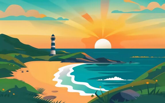 Traveling summer island landscape in flat design inspired by Cagliari, Sardinia. Sunset on seaside background with green hills, lighthouse, very beautiful sand beach
