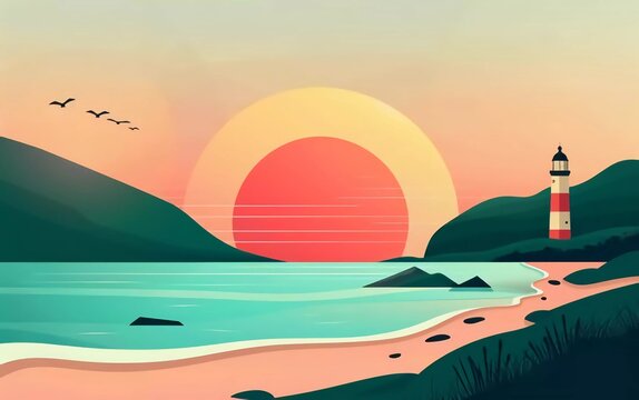 Traveling summer island landscape in flat design inspired by Cagliari, Sardinia. Sunset on seaside background with green hills, lighthouse, very beautiful sand beach